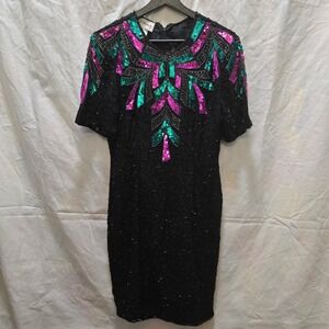 Stenay Black Silk Beaded Sequin Dress Party Cocktail Evening Vintage Size 10